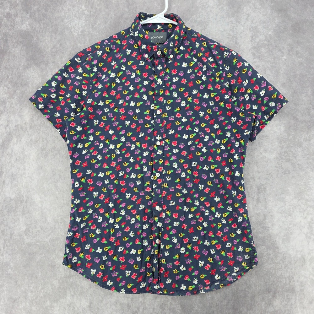 Bonobos Button Down Floral Shirt Mens M Tailored Slim Fit Short Sleeve Navy Blue